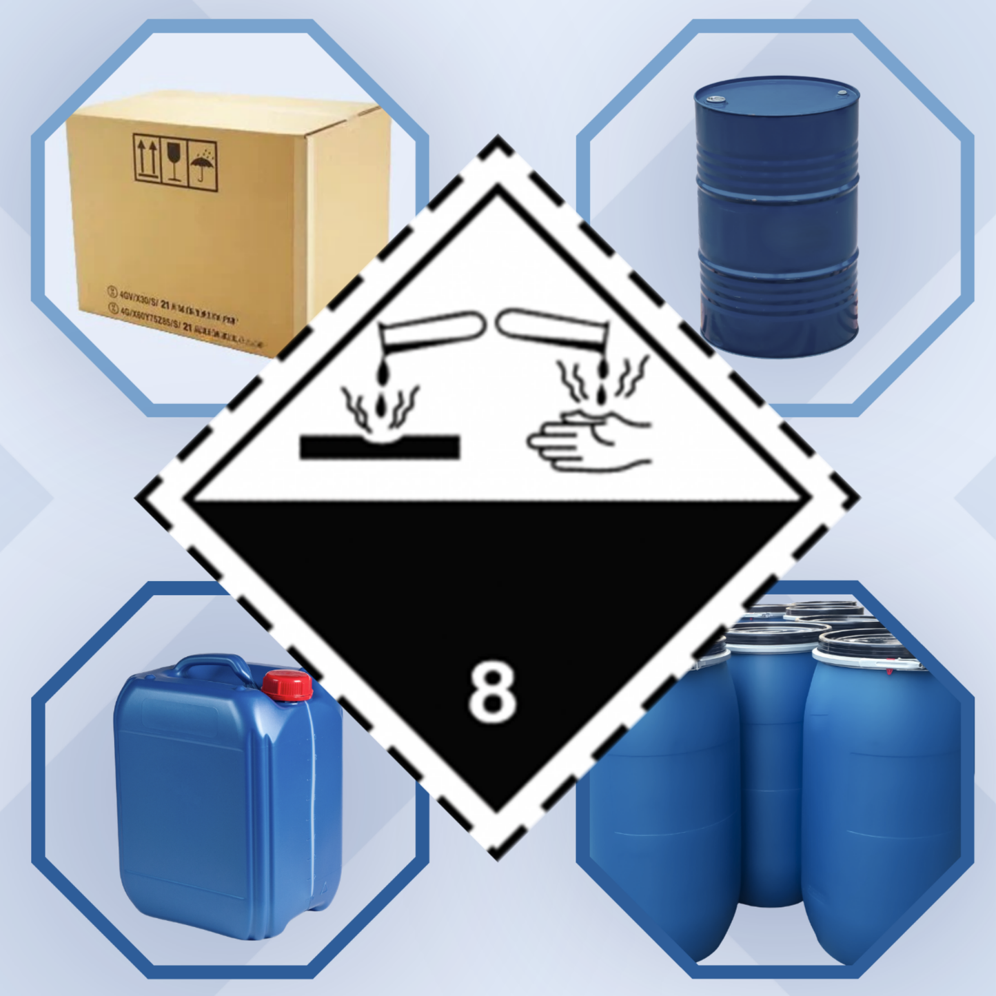 Clase 8 | 8.0 Sustancias corrosivas | Sin texto | Autoadhesivo para el transporte de mercancías peligrosas | Polipropileno resistente al agua y a los rayos UV | BS5609 | IATA | ADR | IMDG | ADN | RID