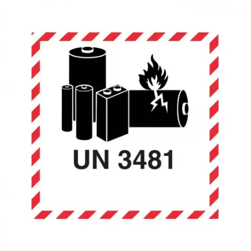 Pile au lithium | Avec inscription | « UN 3481 » | Autocollante | Homologuée BS5609 | IATA | ADR | IMDG | ADN | RID 