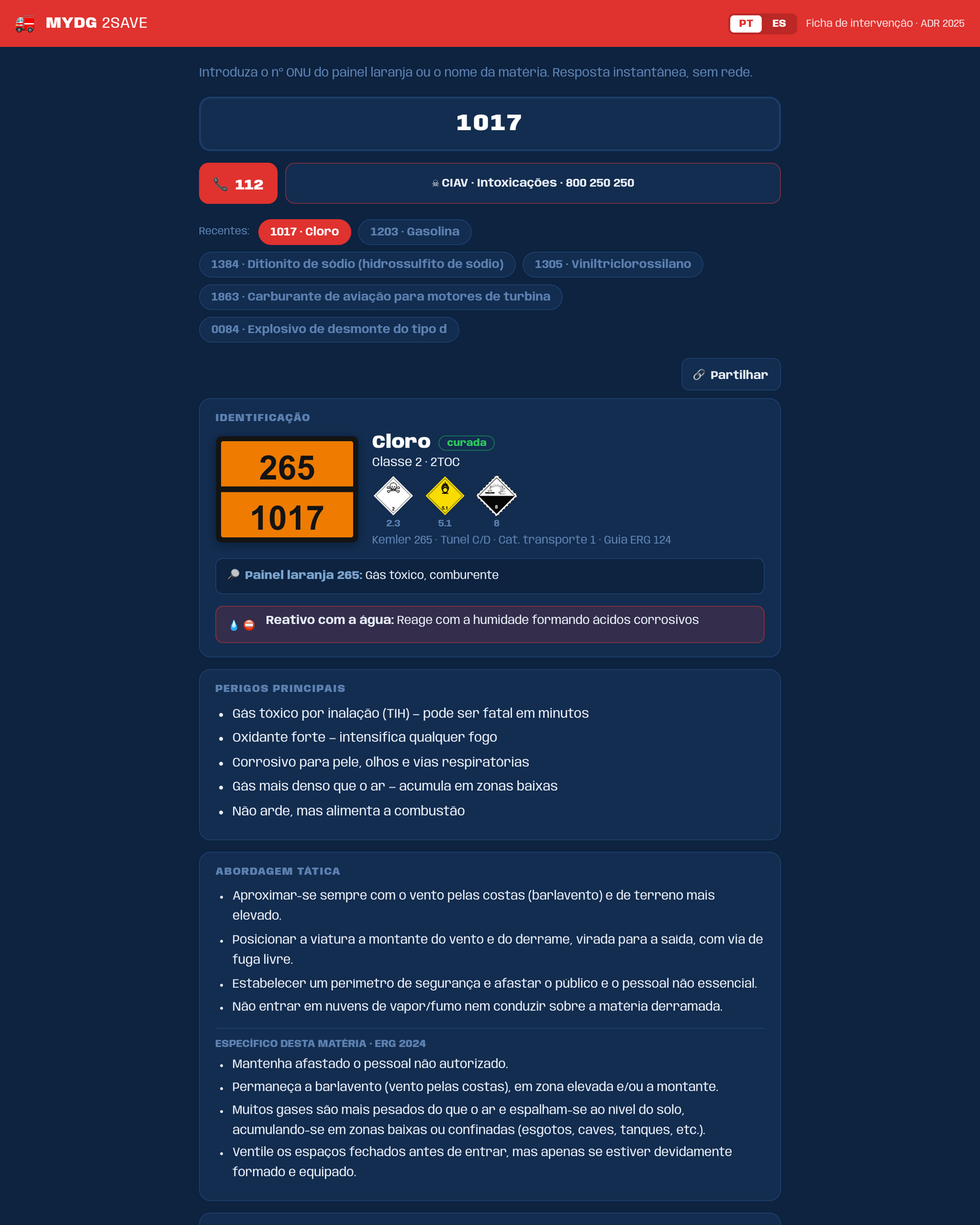 MYDG2SAVE emergency intervention sheet for UN 1017 chlorine, showing hazard labels, extinguishing agents and isolation distances
