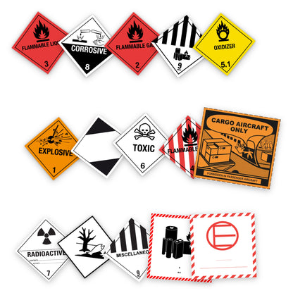 Dangerous goods label kit with text: 15 packs of 10 labels