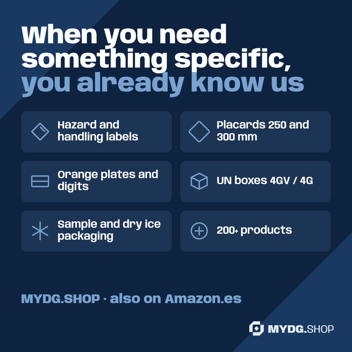 The MYDG.SHOP range: labels, placards, orange plates, UN boxes