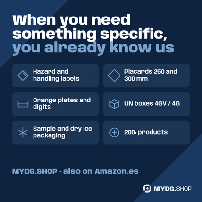 The MYDG.SHOP range: labels, placards, orange plates, UN boxes